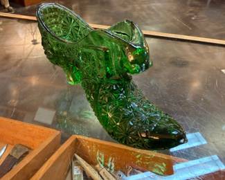vintage green glass shoe