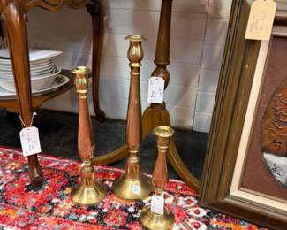 Large vintage brass candlesticks, vintage wood side table, marble top vintage side table