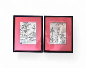 205 VintageFramedAsianInkLandscapeFiguralPrintsPair