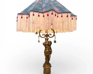 65 LargeVintageCherubTableLampwCustomFringeShadeCrystalDrops