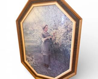 102 LargeVintageLadyInBlossomPrintinOctagonalWoodFrame