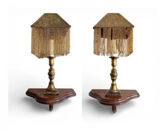 19 AntiqueBeadedTableLampswEmbossedMetalShadesWallShelves