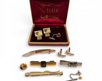206 VintageMensCufflinksTieBarsElginSnapOnSwankMasonic