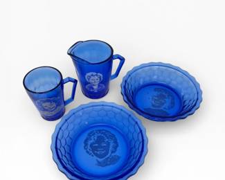 33 ShirleyTempleCobaltBlueGlassPitcherMug2BowlsSet