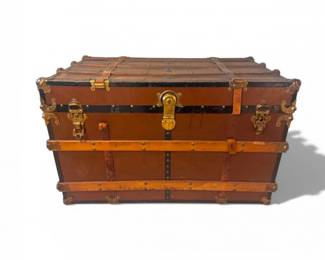 100 LargeVintageSteamerTrunkWoodMetalLeather