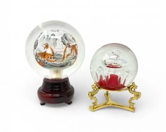 124 LargeAsianStyleTigerGlassGlobeRedBubbleOrbonStands