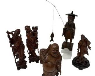 129 HandCarvedWoodAsianFiguralStatuesIncludingFishermenLaughing
