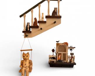 120 WoodCatWallHangingArtAllyKatzWhiskervilleCatStairsSwing
