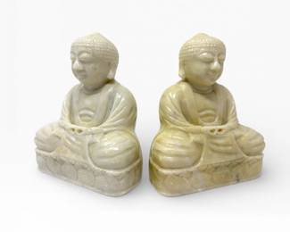 16 CarvedStoneBuddhaBookendswGreenBases
