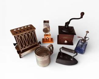 58 AntiqueKitchenToolsSadIronGrinderToasterSprayerSifter