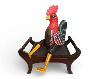 112 LargeFolkArtWoodenRoosterNeedlepointFootRestBench