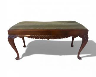 101 AntiqueCarvedWoodBenchGreenMicrofiberUpholsteryClawFeet
