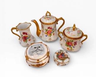 48 LimogesPorcelainCatMusicBoxFloralGiltTeaSetCollection