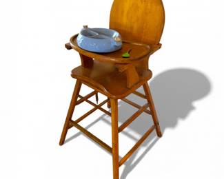 79 VintageWoodenHighChairwCeramicHotWaterPlateGerberSpoon