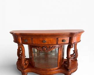 39 OrnateCarvedWoodBuffetwCurvedGlassDoorShelves