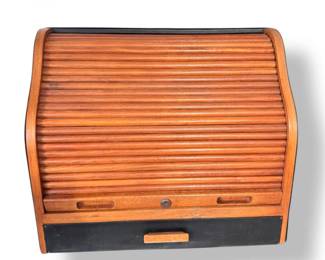 171 WoodRollTopBreadBoxwLeatherWrappedFrame