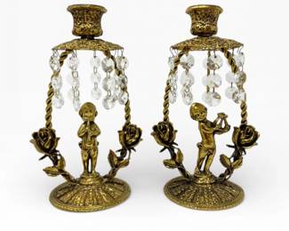 12 VintageGiltCherubCandlestickswHangingCrystalsPair