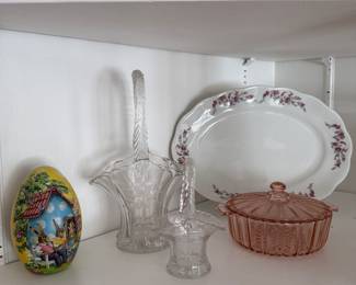 Dining Room 
Glass baskets 
Pink depression covered dish