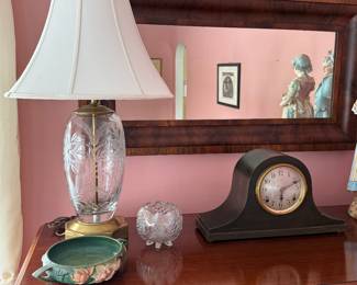 Living Room 
Roseville bowl
Carnival glass rose bowl
Cut glass lamp
Mantle clock
Ogee mirror 