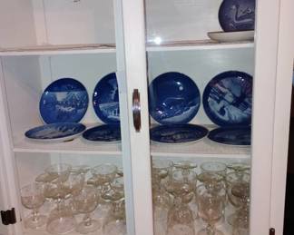 Blue collector plates and nice glassware set