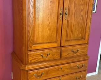 Oak Sumter Armoire TV Cabinet W TV And Blue Ray DVD Player