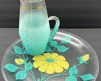Vintage West Virginia Glass Blendo pitcher and Vintage Retro MCM 17 .5 plate Yellow Turquoise Flowe