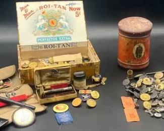 WWI WWII Era Military Personal Effects Uniform Buttons, Sewing Kit, Field Shaver  more.