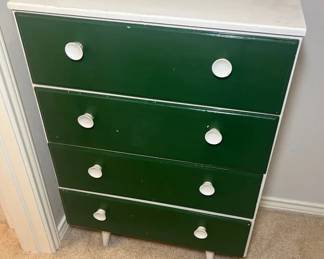 Vintage 4drawer chest of drawers featuring a green and white finish with MCM knobs and legs.