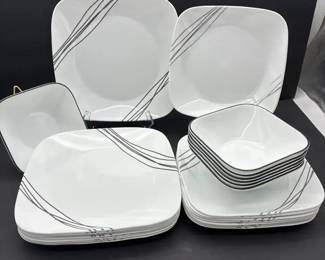 Corelle Simple Lines Square Dinnerware Set  White w Black Lines USA Set Of 8 