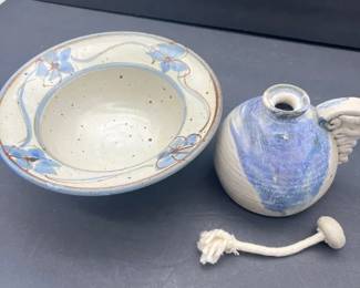 Signed Studio Pottery Oil Lamp Matching Bowl  Blue Glaze  Wagner