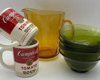 Vintage Amber Glass Pitcher, Green bowls, Cambells Soup Mugs 