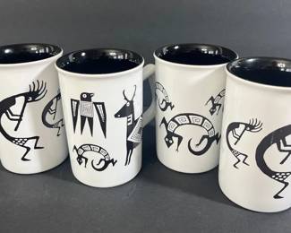 Set of 4 Mimbreo Style Bighorn Sheep Coffee Mugs  Southwestern Design
