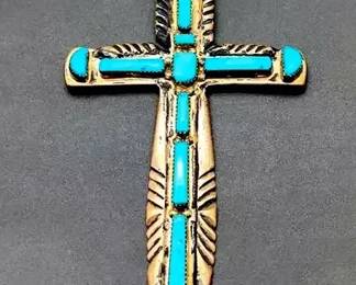 Signed L. Tule Sterling Silver Turquoise Cross Large Pendant