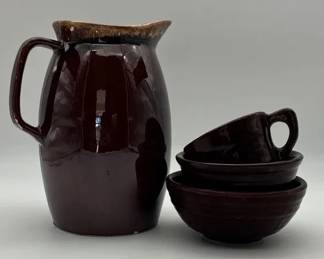 vintage Oven Proof USA Hull Brown Drip Pitcher and ceramic Set