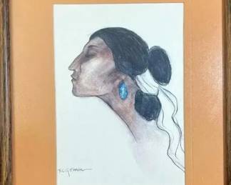 006 R.C. Gorman Turquoise Earring Framed Art Print  Southwestern Navajo Portrait