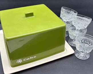 Vintage green plastic Cake Taker carrier and Set of Sorbet Cups Cu