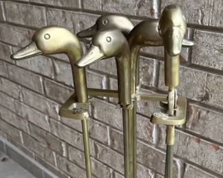 SixPiece MidCentury Duck Heads Brass Fireplace Tools Set