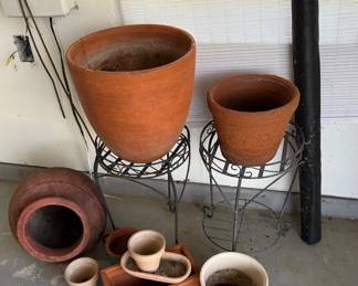 Various Terracotta Planters And Metal Stands