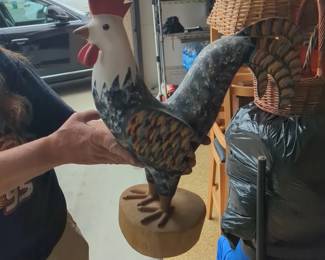 folk art carved and painted wood rooster figurine