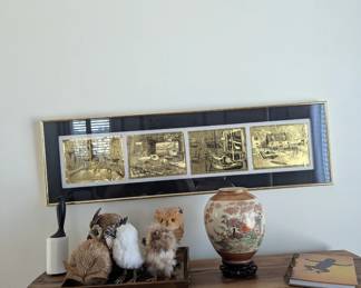 framed set of vintage Lionel Barrymore gold foil etchings. vintage Japanese Shibata porcelain round oval vase.