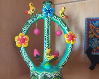 vintage Mexican folk art pottery "Tree of Life" candleholder