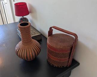 antique Chinese wedding or betrothal basket. collectible Chinese woven bamboo vase