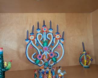 Mexican folk art "Tree of Life" (Árbol de la Vida) pottery candelabra