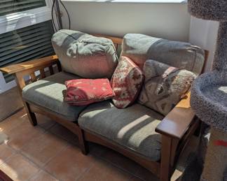 mission-style wood frame loveseat