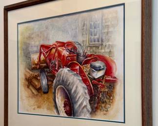 "Red Tractor" Watercolor, Signed Bard
