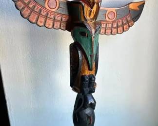 Vintage Alaskan Hand Carved Totem Pole Artist Signed RAY MOORE, 14.5