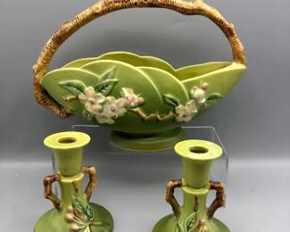 Roseville pottery Handled Basket And Candleholders