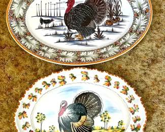 Two Large Handpainted Turkey Themed Platters, Made in Italy