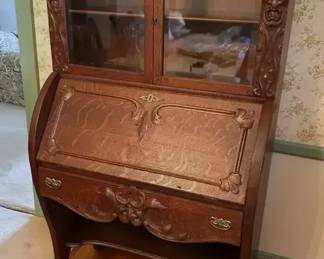 Antique Carved Oak Secretary Desk with a Glass Hutch Top