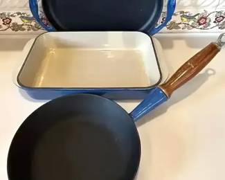 Le Crueset Set in Blue Casserole, Small Wok and Oval Cast Iron Skillet